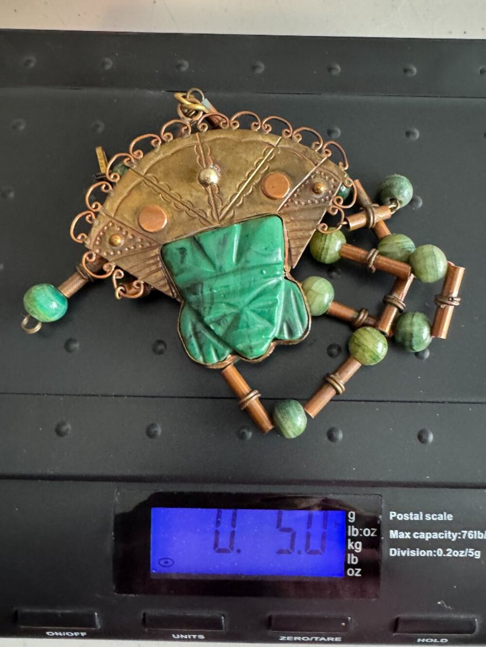 Vintage Casa Maya Mexico Handmade Copper Brass Green Onyx Statement Necklace 5.0